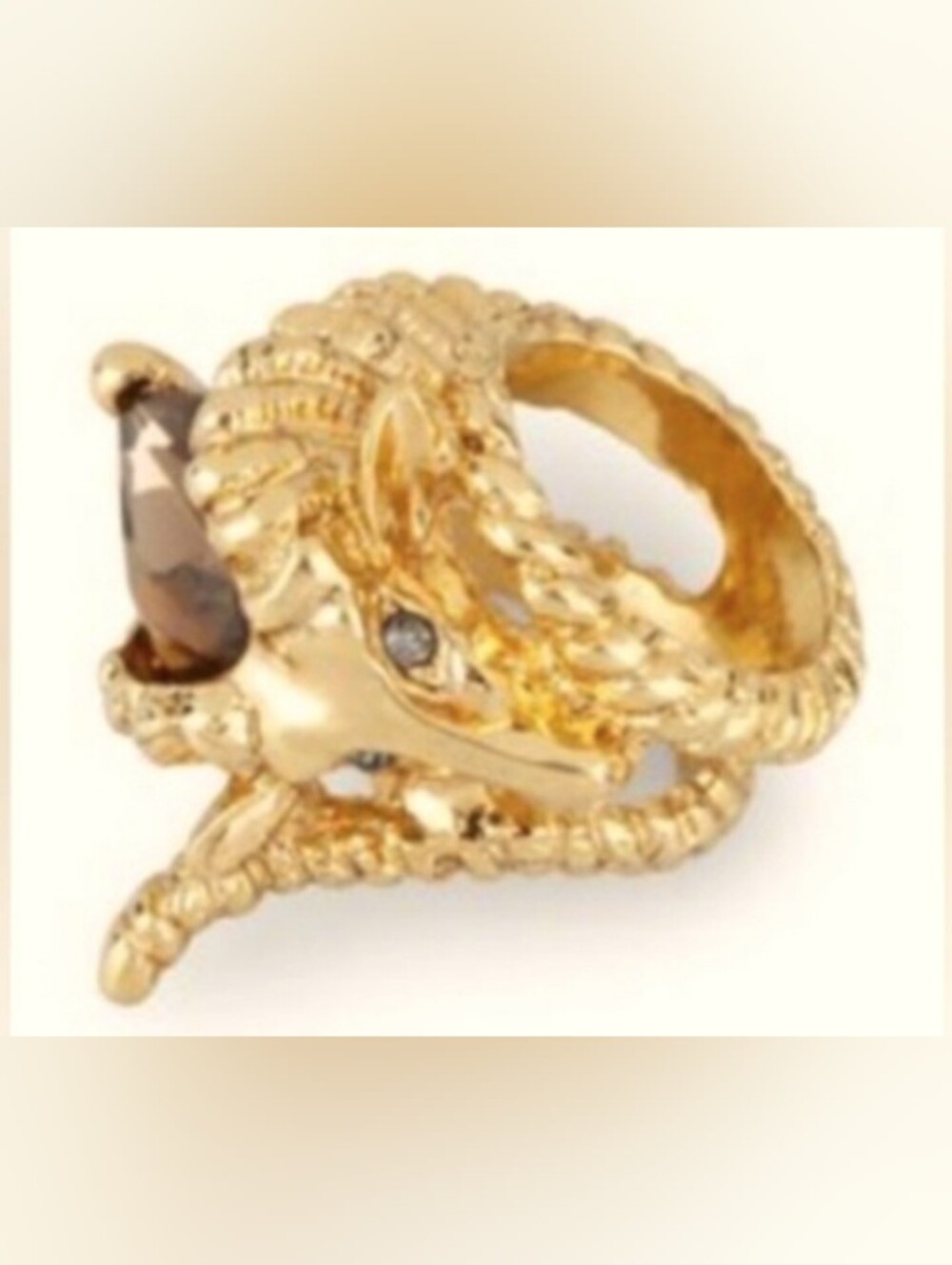 RARE! Gold Ram Sculpted Ring with Smoky/ Emerald Green Gems